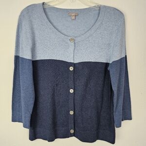 J.Jill Cardigan Sweater Three Tone Blue 3/4 Sleeve Softt Cotton Sz M Casual